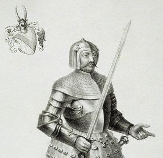 Badisches Wappen und Bildnis Bernhards I. von Baden